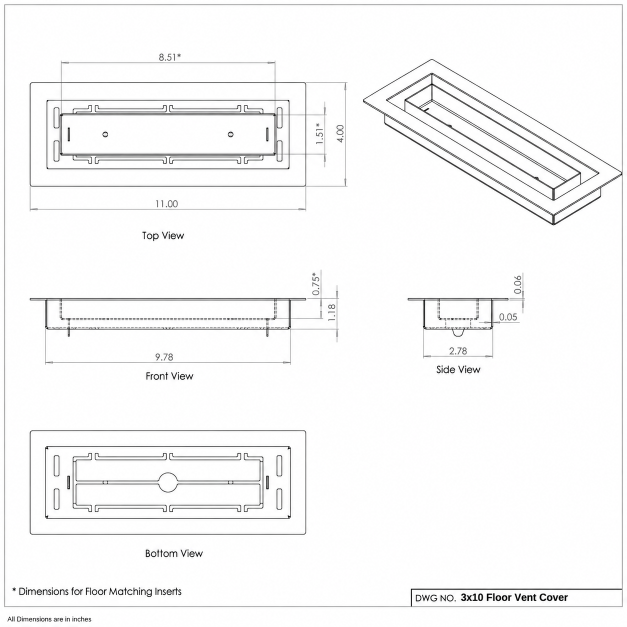 3X10 Floor Matching Vent Cover – Classic Aria Design Floor Register